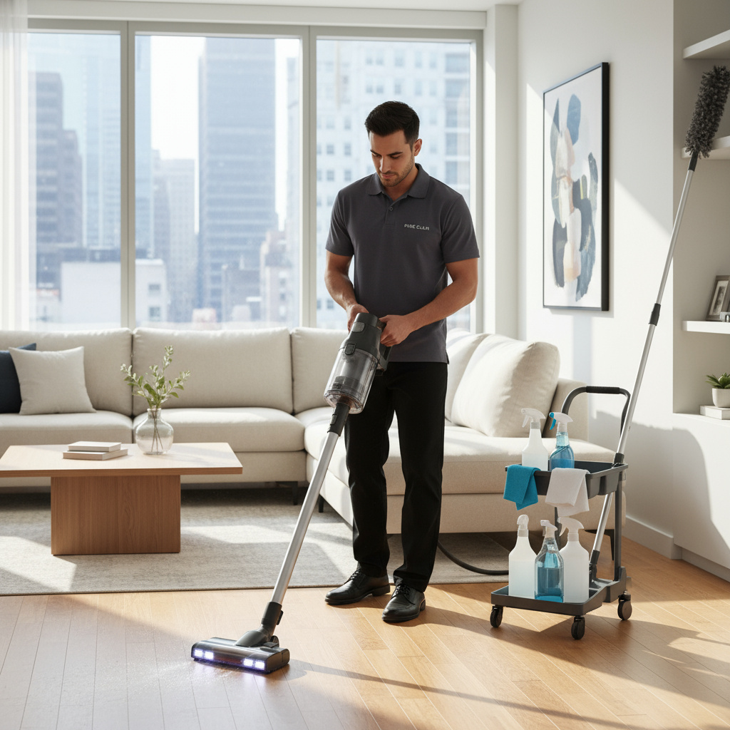 Professional cleaner working in a modern apartment interior